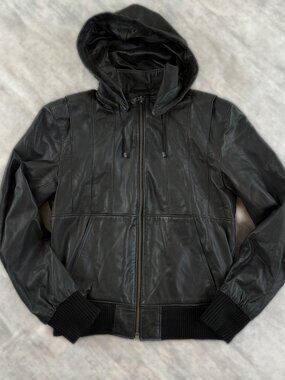 Black Leather Hooded Bomber Jacket ERIK HART  Size S Unisex Zip Up Sz S